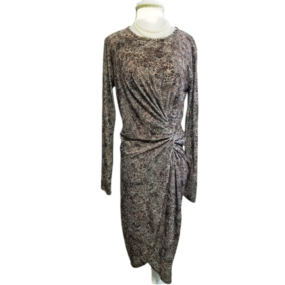 T TAHARI Animal Print Long Sleeve Knot Ruched Waist Wrap Style Velvet Dress